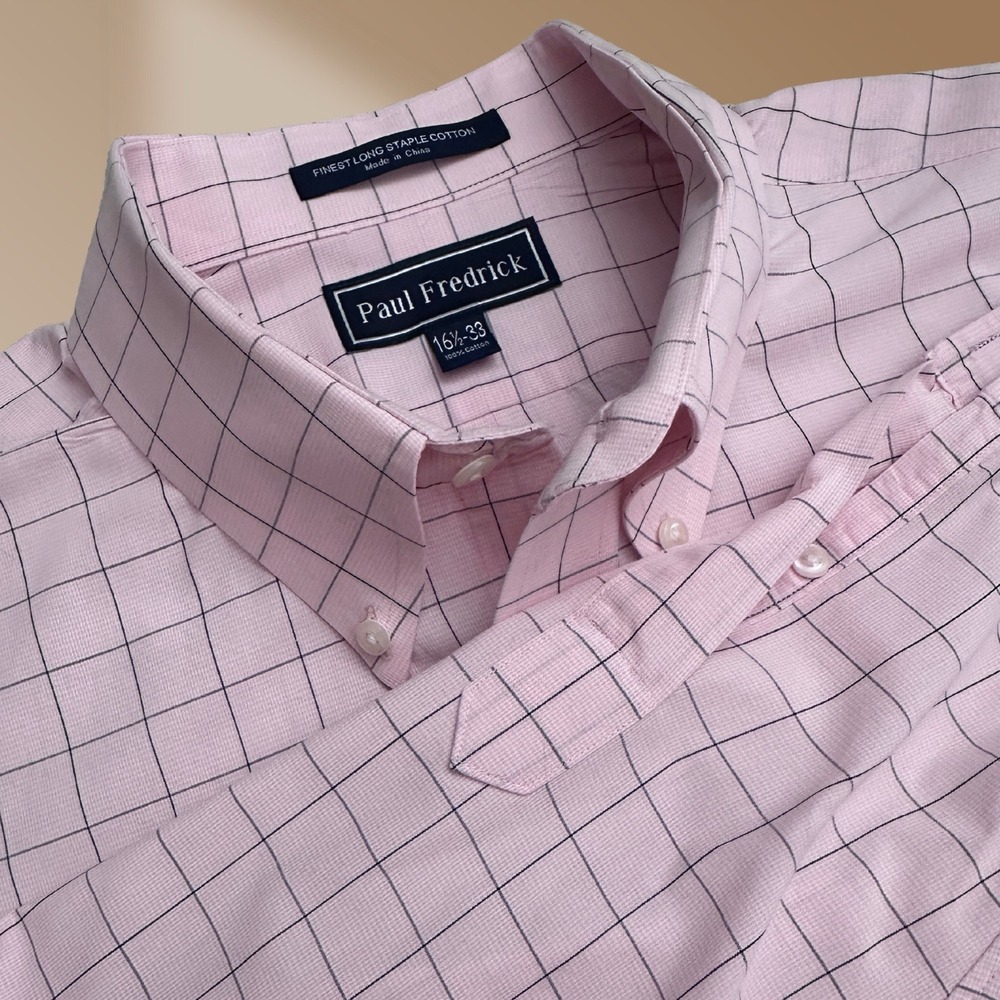 Paul Fredrick Men's Pink & Gray Plaid Button Down Collard Shirt Size 16 1/2 - 33